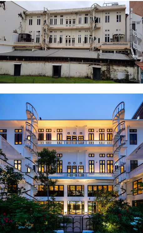 Before and After view of back of Temasek Shophouse across Stamford Canal